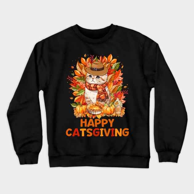 Happy Catsgiving Cute Thanksgiving Cat Wears Pilgrim Hat T-Shirt Crewneck Sweatshirt by Kelley Clothing